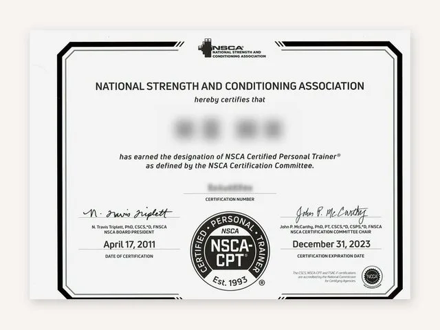 NSCA-CPT（全米ストレングス＆コンディショニング協会認定パーソナルトレーナー）の資格証の例